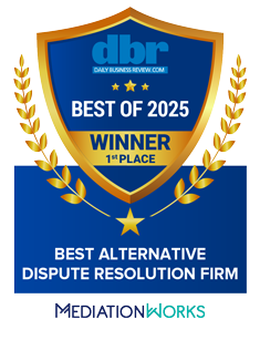 Daily Business Review "Best of 2025" award badge — Best Alternative Dispute Resolution Firm, 1st Place, presented to MediationWorks